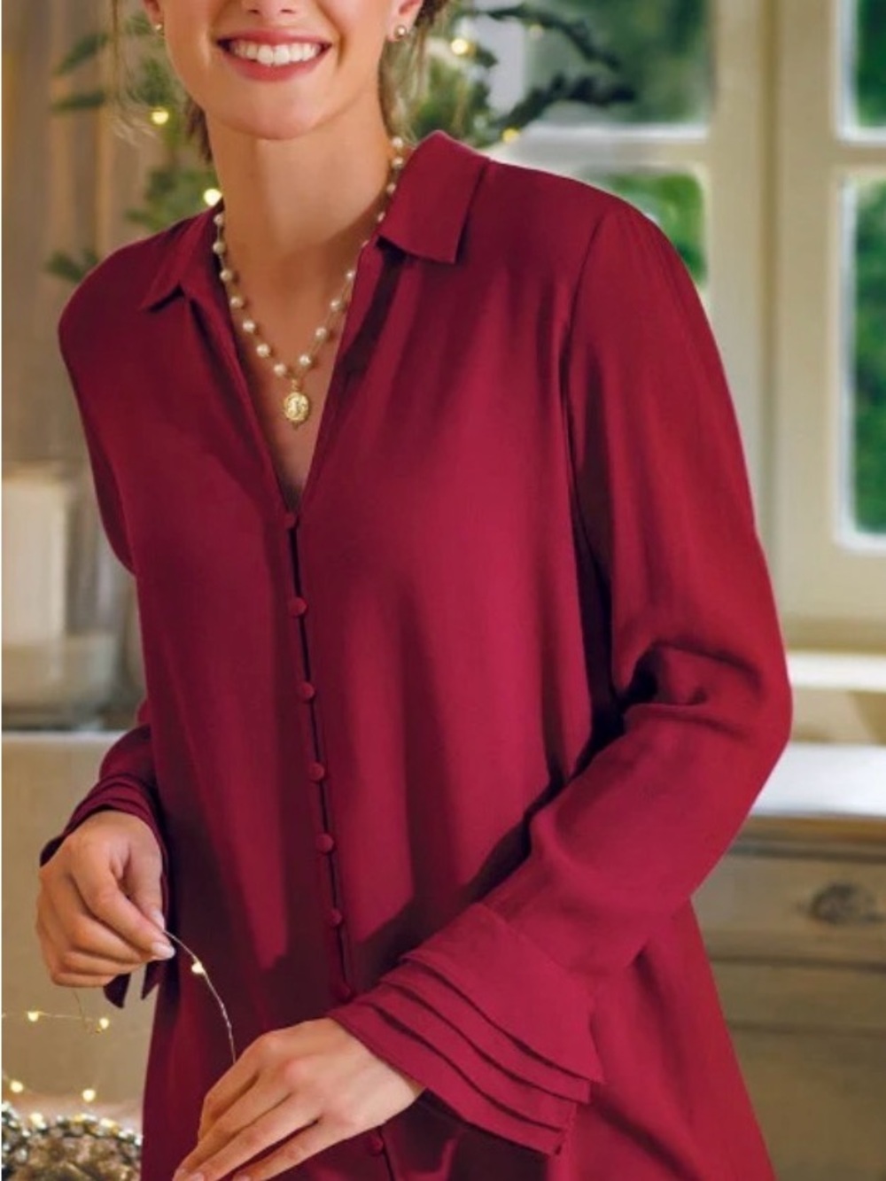Soft Surroundings Poet Wine-Red Button Front Long-Sleeve Blouse